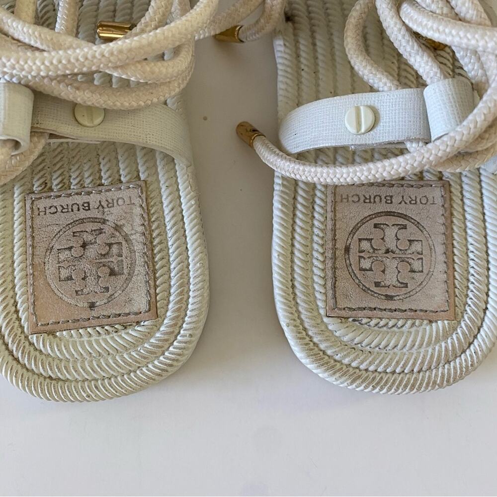 Tory Burch Lace Up Gladiator Rope Strappy Ankle Wrap Flat Sandals Off White - Picture 6 of 10